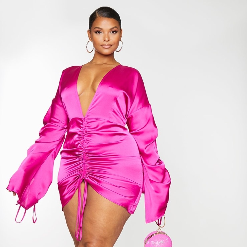 Plus Fuchsia Satin Plunge Ruched Front Dress